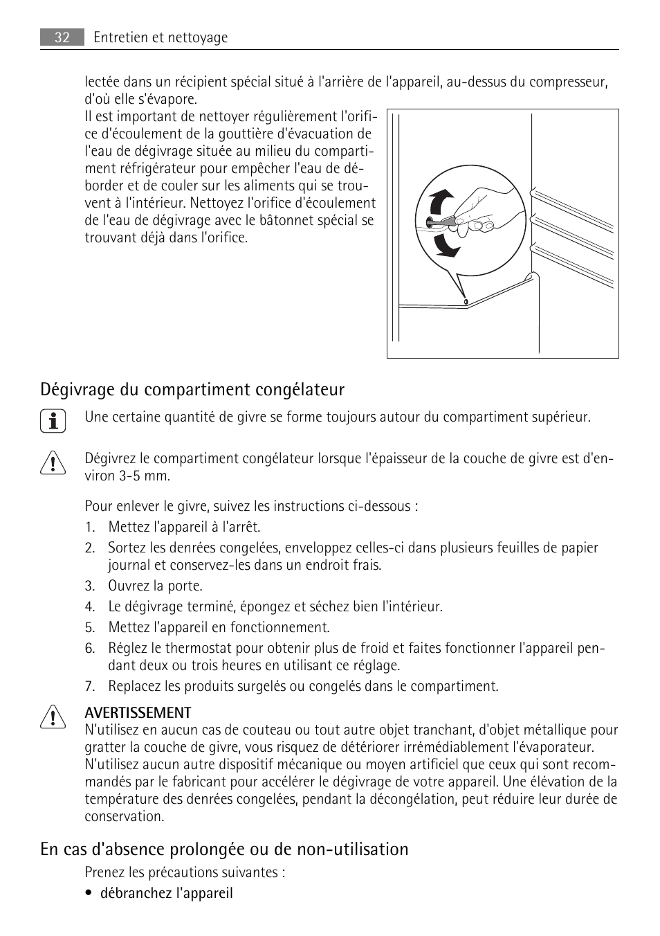 Dégivrage du compartiment congélateur, En cas d'absence prolongée ou de non-utilisation | AEG SKS51240F0 User Manual | Page 32 / 84