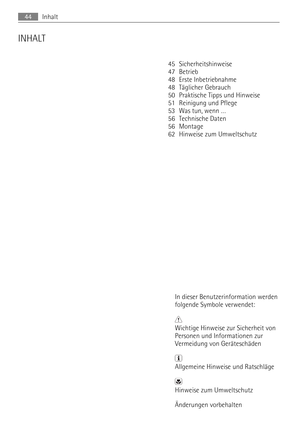 Inhalt | AEG SKS51240F0 User Manual | Page 44 / 84