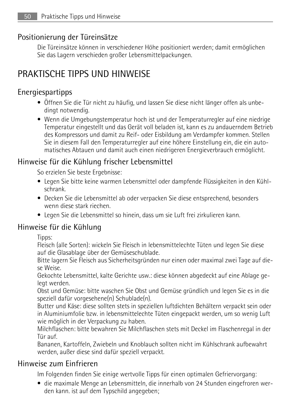 Praktische tipps und hinweise, Positionierung der türeinsätze, Energiespartipps | Hinweise für die kühlung frischer lebensmittel, Hinweise für die kühlung, Hinweise zum einfrieren | AEG SKS51240F0 User Manual | Page 50 / 84