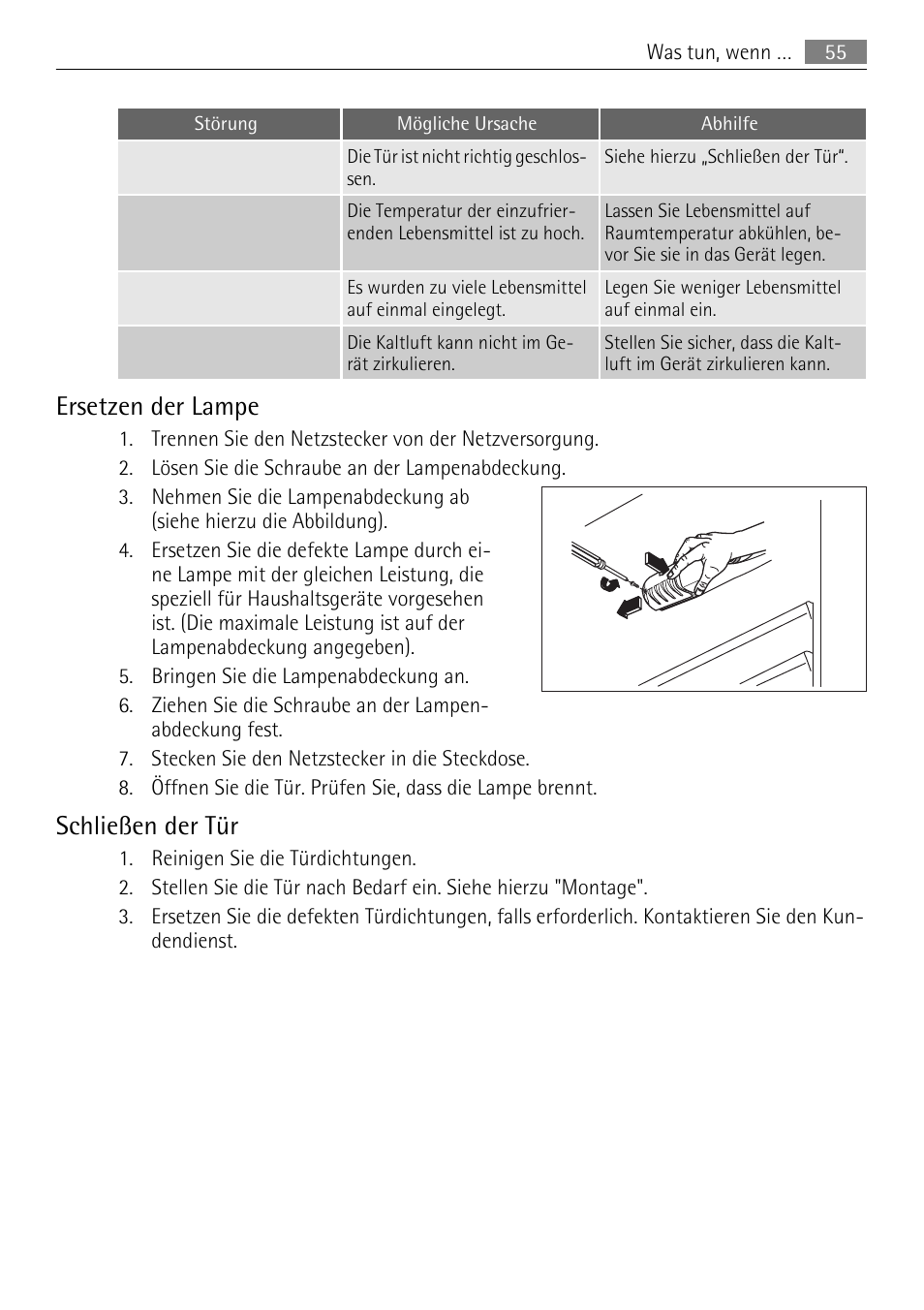 Ersetzen der lampe, Schließen der tür | AEG SKS51240F0 User Manual | Page 55 / 84