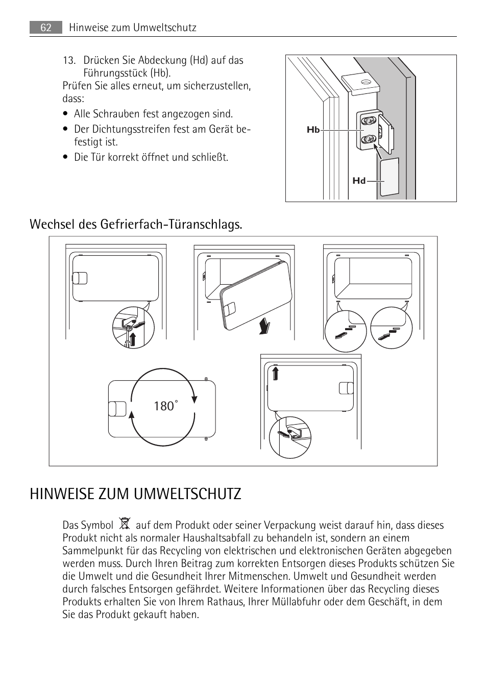 Hinweise zum umweltschutz, Wechsel des gefrierfach-türanschlags. 180 | AEG SKS51240F0 User Manual | Page 62 / 84