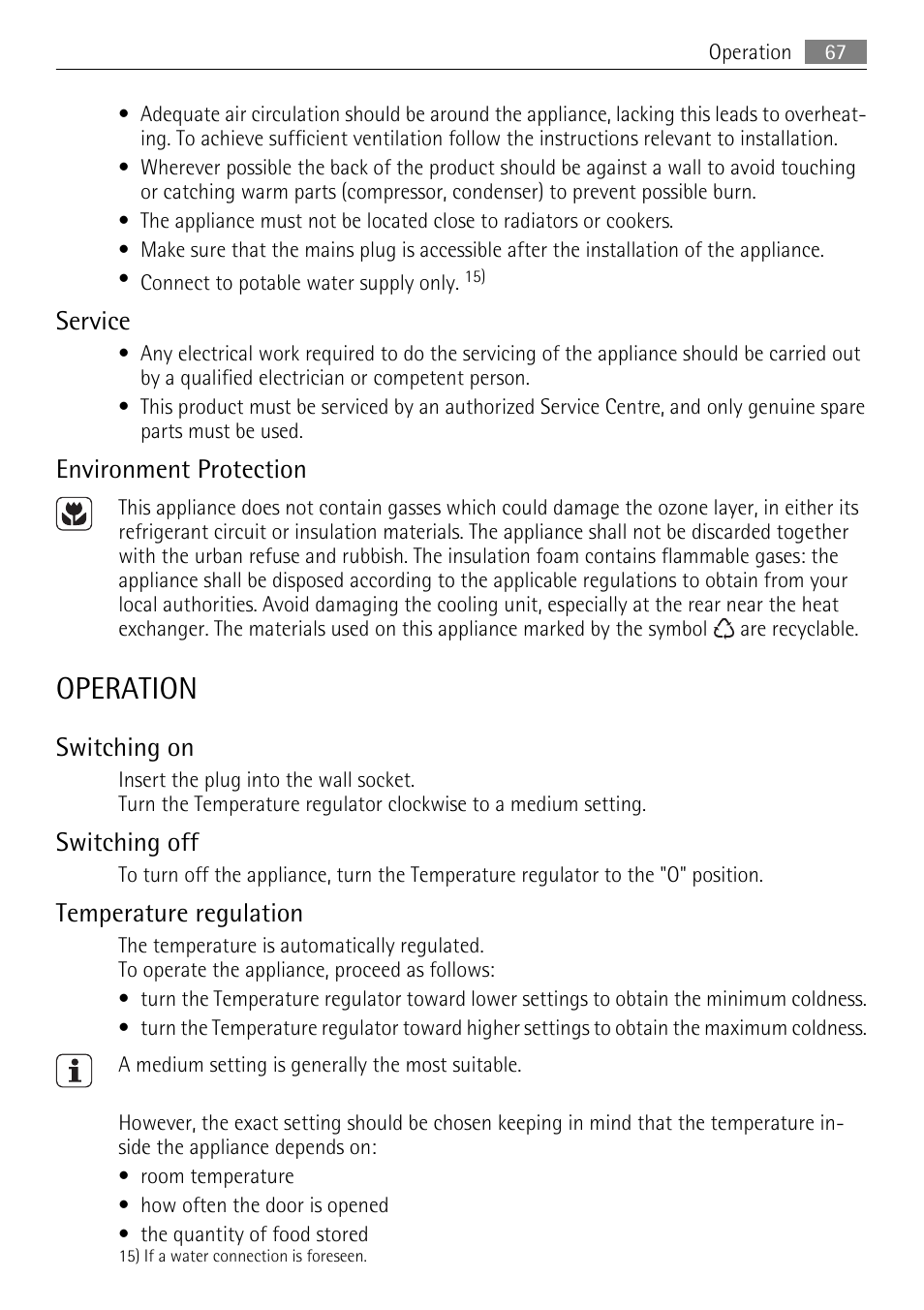 Operation, Service, Environment protection | Switching on, Switching off, Temperature regulation | AEG SKS51240F0 User Manual | Page 67 / 84