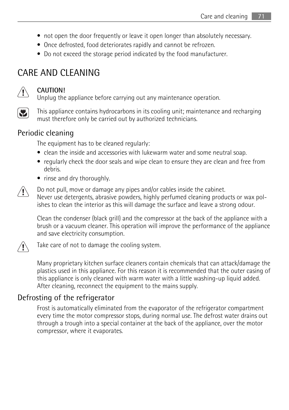 Care and cleaning, Periodic cleaning, Defrosting of the refrigerator | AEG SKS51240F0 User Manual | Page 71 / 84