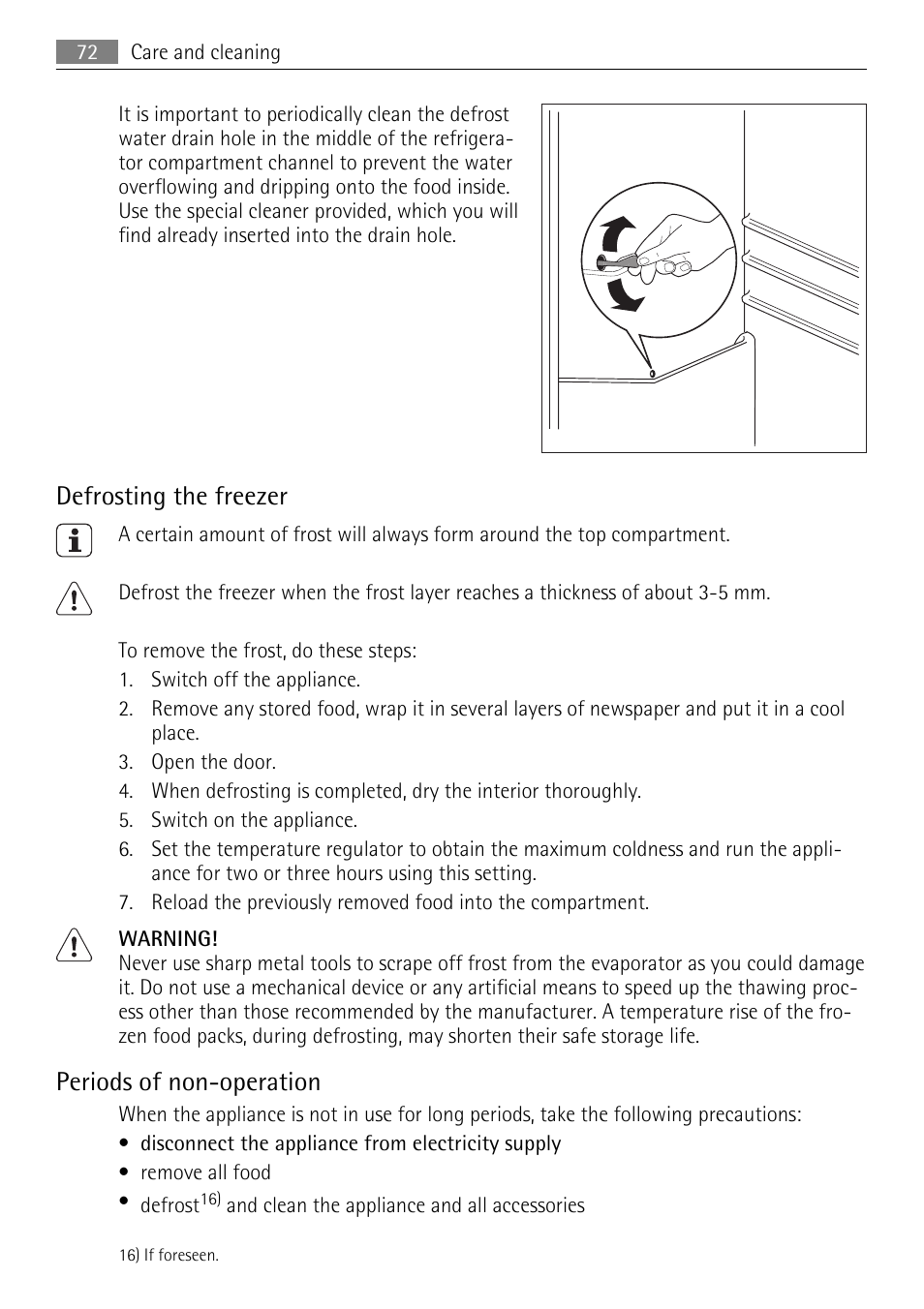 Defrosting the freezer, Periods of non-operation | AEG SKS51240F0 User Manual | Page 72 / 84