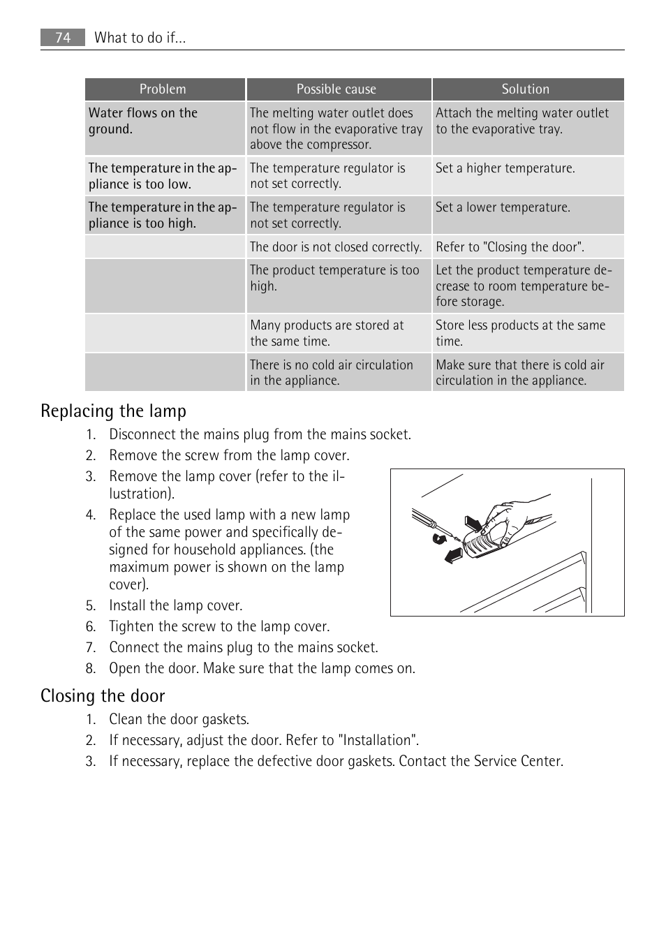 Replacing the lamp, Closing the door | AEG SKS51240F0 User Manual | Page 74 / 84