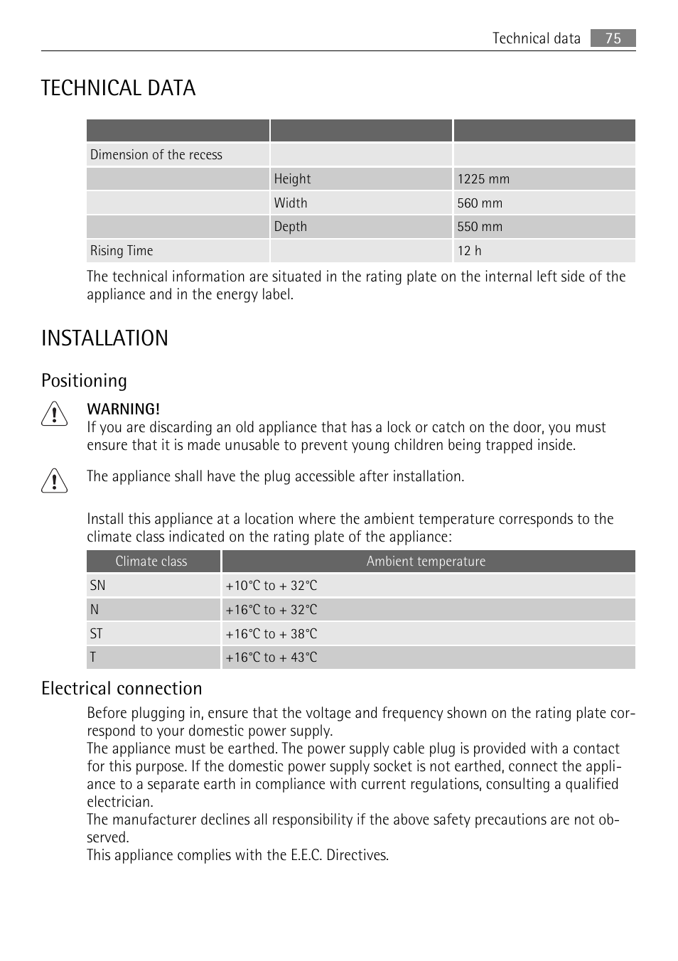 Technical data, Installation, Positioning | Electrical connection | AEG SKS51240F0 User Manual | Page 75 / 84