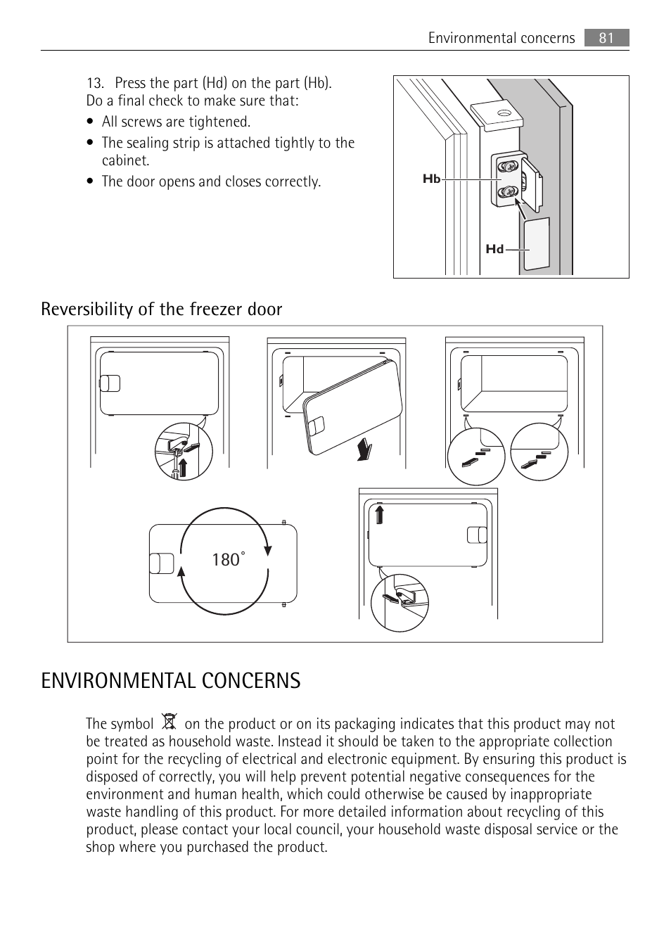 Environmental concerns, Reversibility of the freezer door 180 | AEG SKS51240F0 User Manual | Page 81 / 84