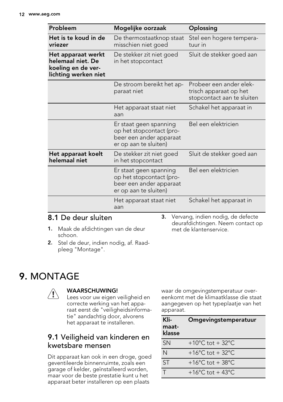 Montage, 1 de deur sluiten, 1 veiligheid van kinderen en kwetsbare mensen | AEG A42200GSW0 User Manual | Page 12 / 68