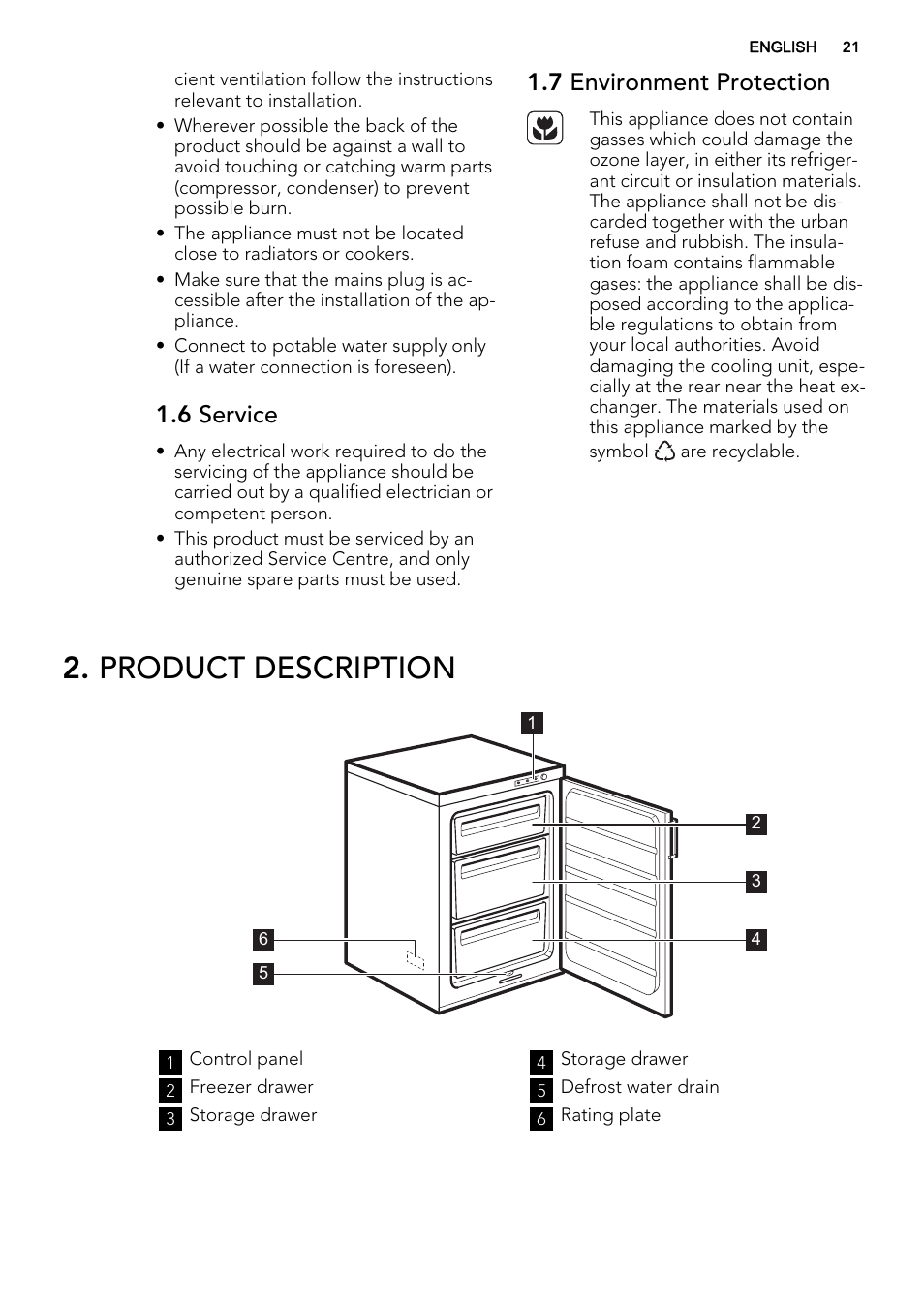 Product description, 6 service, 7 environment protection | AEG A42200GSW0 User Manual | Page 21 / 68