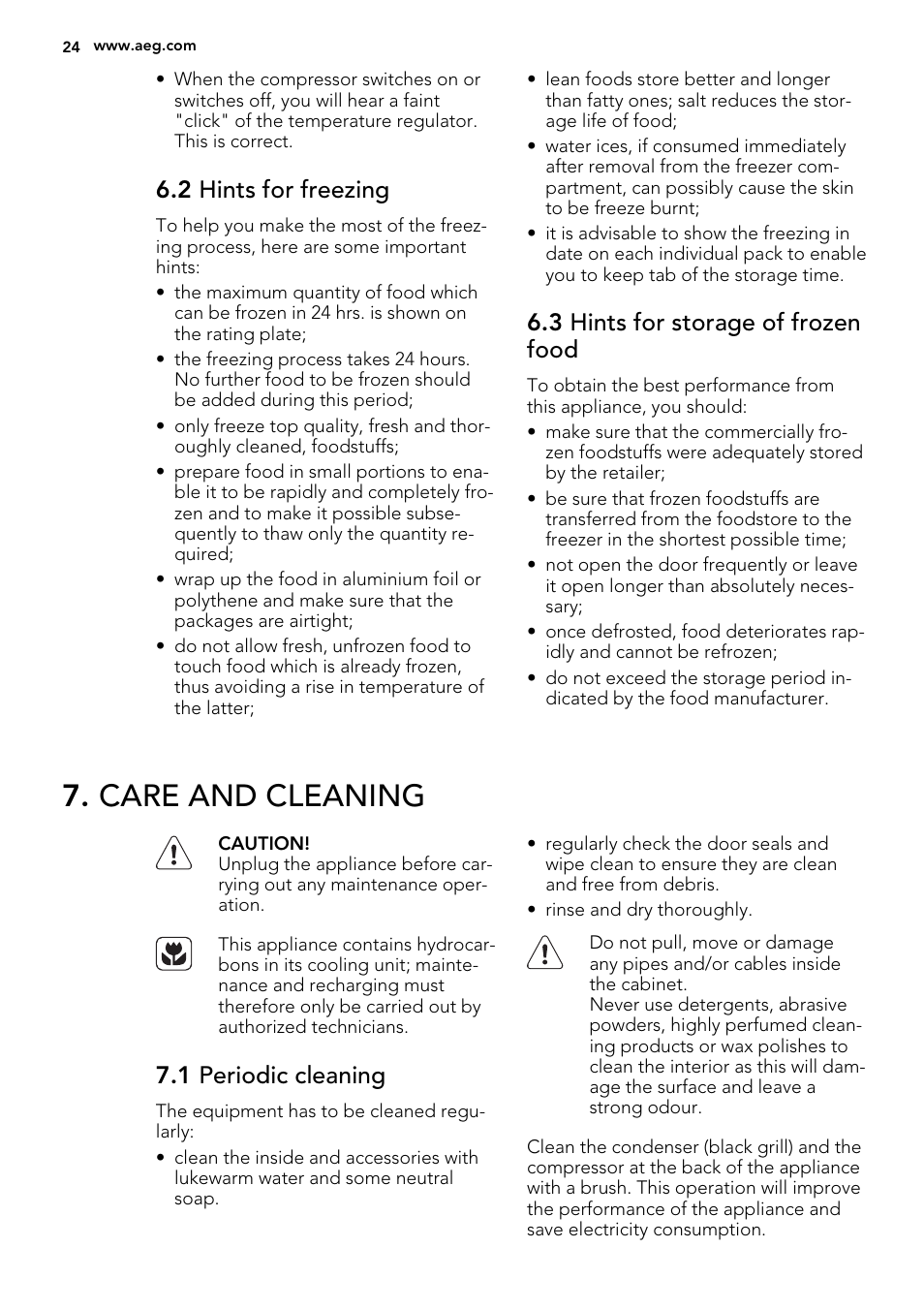 Care and cleaning, 2 hints for freezing, 3 hints for storage of frozen food | 1 periodic cleaning | AEG A42200GSW0 User Manual | Page 24 / 68