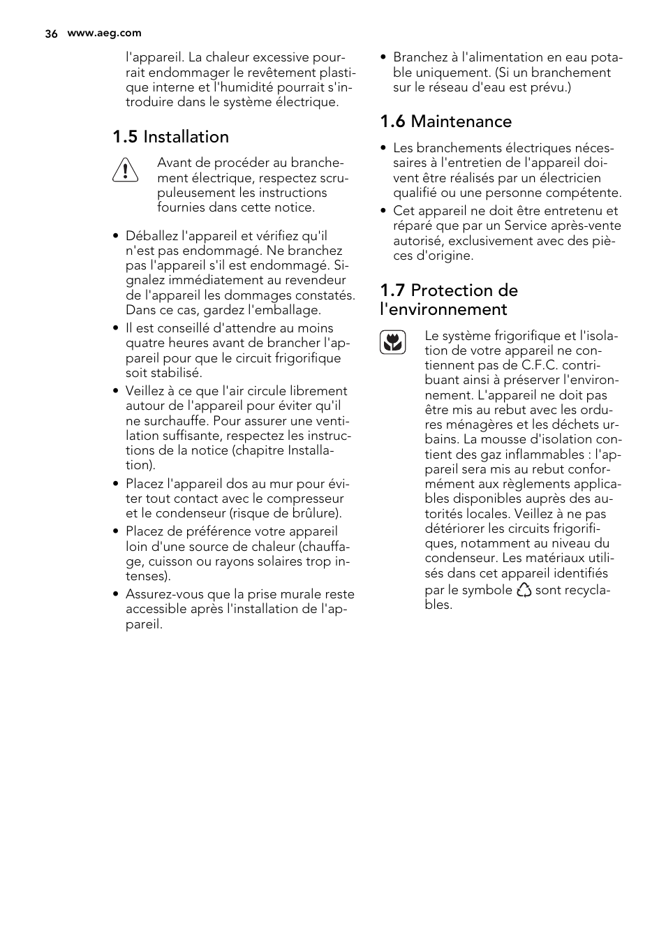 5 installation, 6 maintenance, 7 protection de l'environnement | AEG A42200GSW0 User Manual | Page 36 / 68