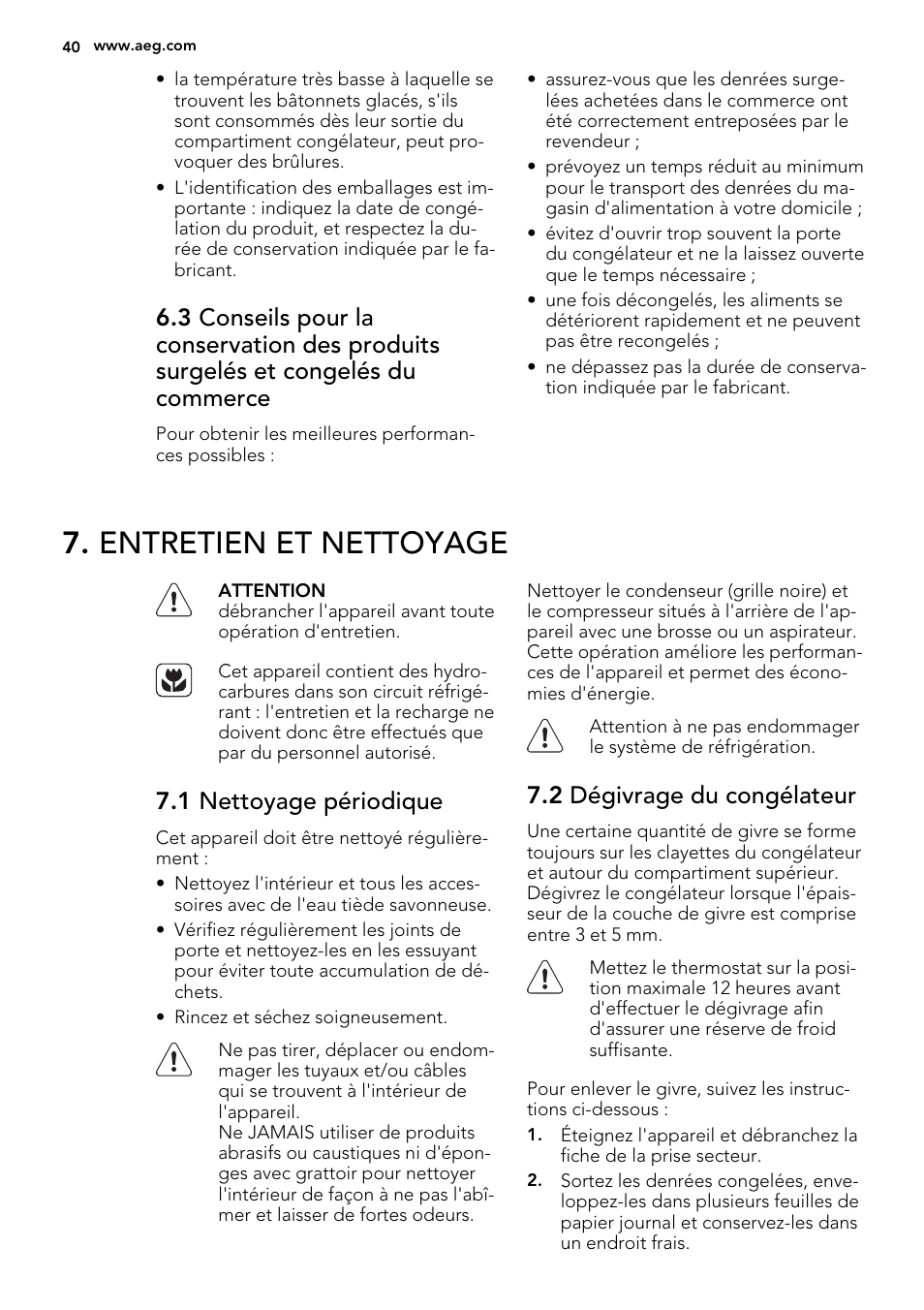 Entretien et nettoyage, 1 nettoyage périodique, 2 dégivrage du congélateur | AEG A42200GSW0 User Manual | Page 40 / 68