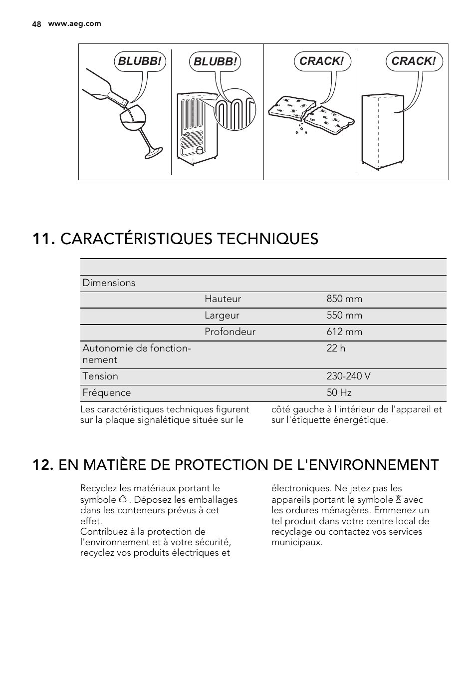 Caractéristiques techniques, En matière de protection de l'environnement | AEG A42200GSW0 User Manual | Page 48 / 68