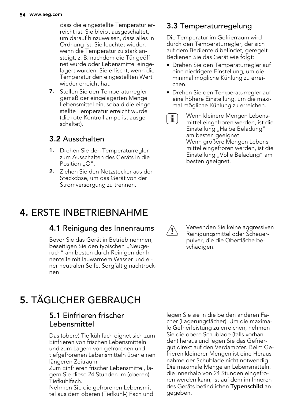 Erste inbetriebnahme, Täglicher gebrauch | AEG A42200GSW0 User Manual | Page 54 / 68