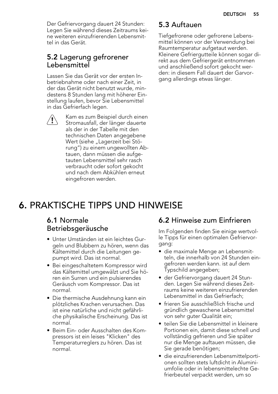 Praktische tipps und hinweise, 2 lagerung gefrorener lebensmittel, 3 auftauen | 1 normale betriebsgeräusche, 2 hinweise zum einfrieren | AEG A42200GSW0 User Manual | Page 55 / 68