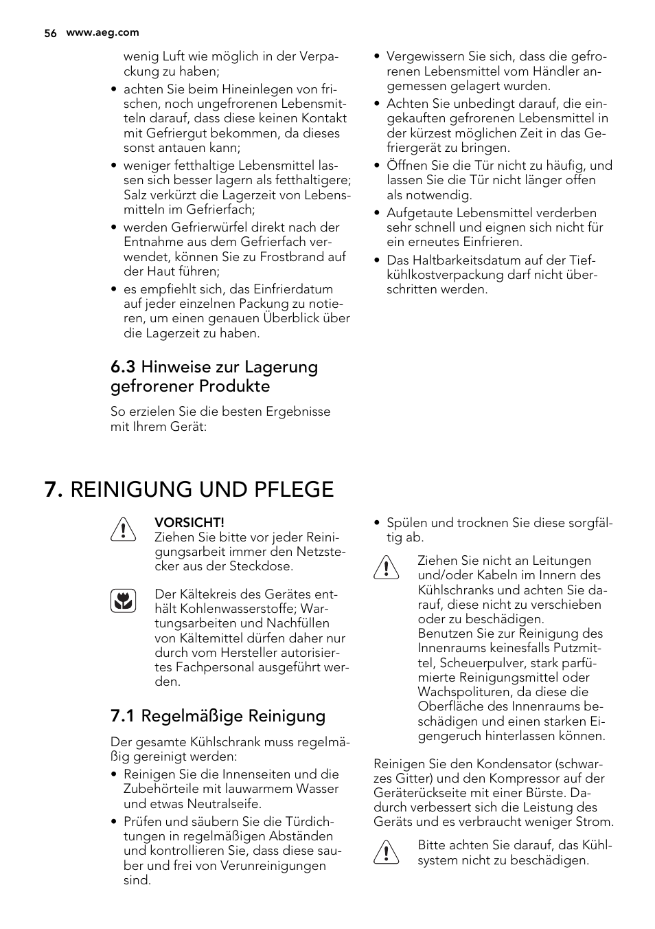 Reinigung und pflege, 3 hinweise zur lagerung gefrorener produkte, 1 regelmäßige reinigung | AEG A42200GSW0 User Manual | Page 56 / 68