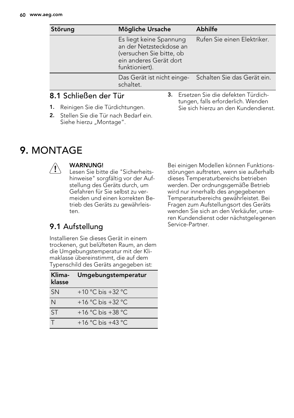 Montage, 1 schließen der tür, 1 aufstellung | AEG A42200GSW0 User Manual | Page 60 / 68