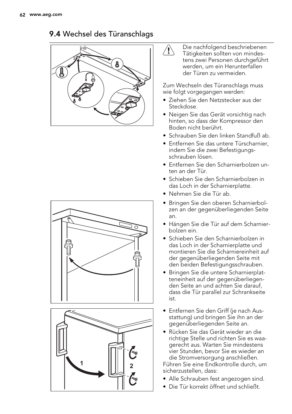 4 wechsel des türanschlags | AEG A42200GSW0 User Manual | Page 62 / 68