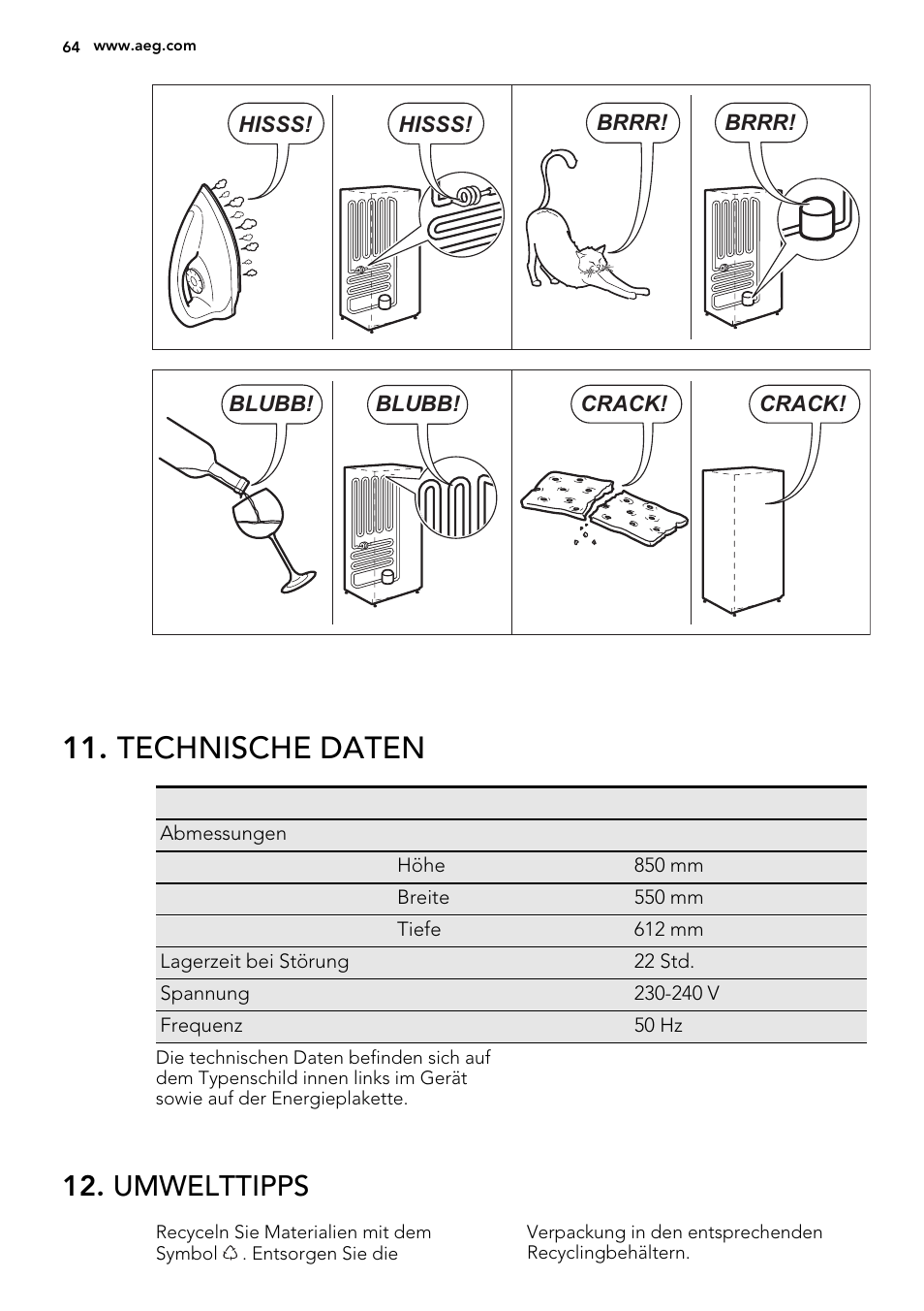 Technische daten, Umwelttipps | AEG A42200GSW0 User Manual | Page 64 / 68