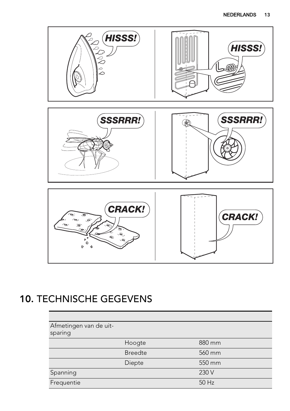Technische gegevens, Hisss, Sssrrr | Crack | AEG SKS68800S2 User Manual | Page 13 / 56