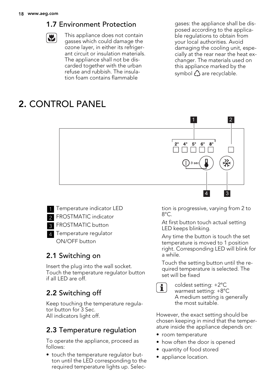 Control panel, 7 environment protection, 1 switching on | 2 switching off, 3 temperature regulation | AEG SKS68800S2 User Manual | Page 18 / 56