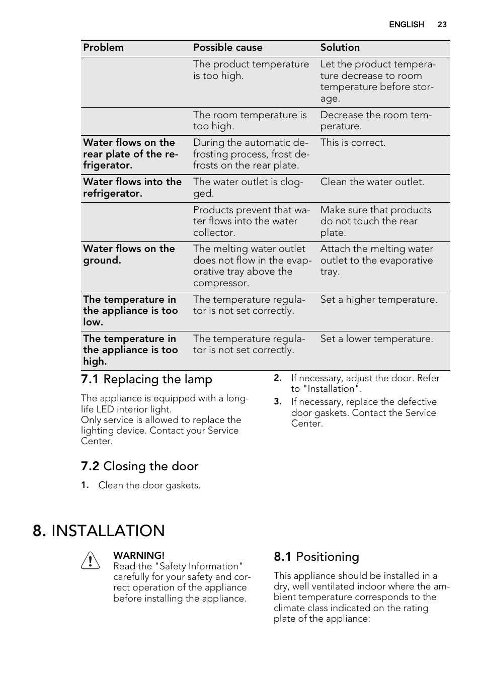 Installation, 1 replacing the lamp, 2 closing the door | 1 positioning | AEG SKS68800S2 User Manual | Page 23 / 56