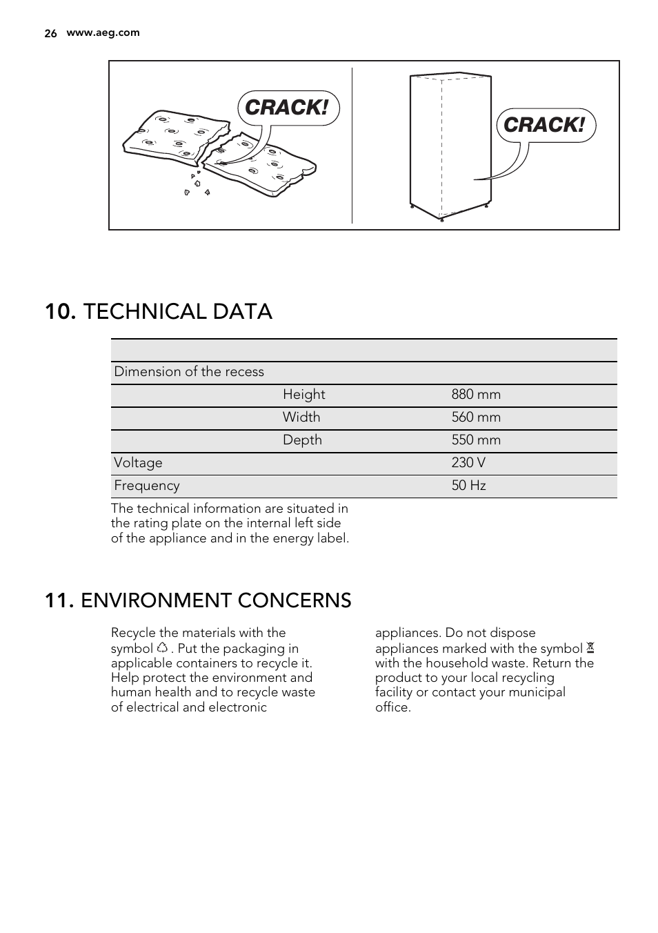 Technical data, Crack, Environment concerns | AEG SKS68800S2 User Manual | Page 26 / 56