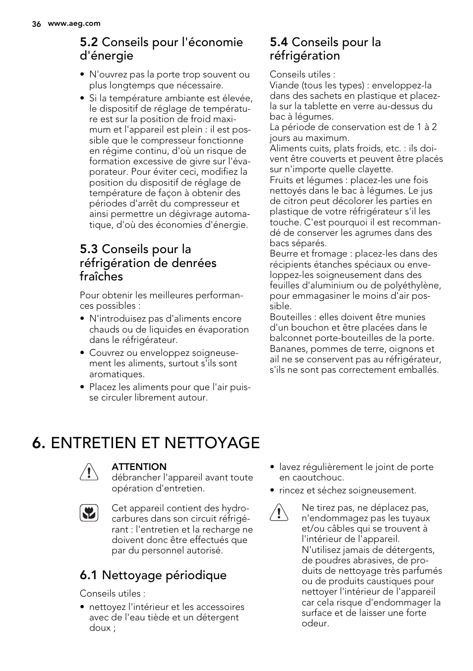 Entretien et nettoyage, 2 conseils pour l'économie d'énergie, 4 conseils pour la réfrigération | 1 nettoyage périodique | AEG SKS68800S2 User Manual | Page 36 / 56
