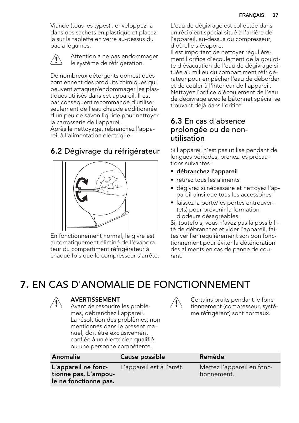 En cas d'anomalie de fonctionnement, 2 dégivrage du réfrigérateur | AEG SKS68800S2 User Manual | Page 37 / 56