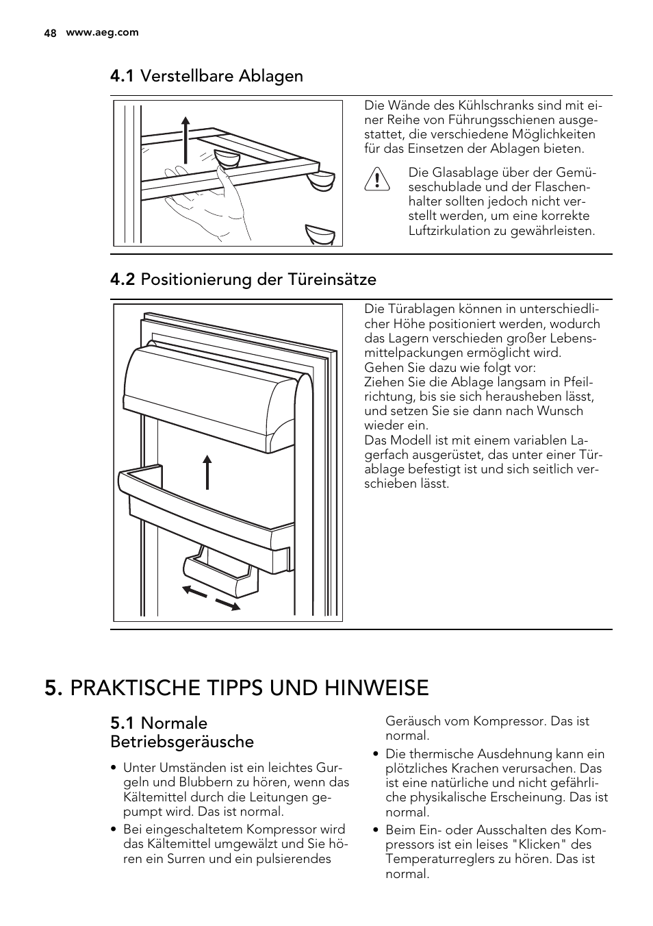 Praktische tipps und hinweise, 1 verstellbare ablagen, 2 positionierung der türeinsätze | 1 normale betriebsgeräusche | AEG SKS68800S2 User Manual | Page 48 / 56