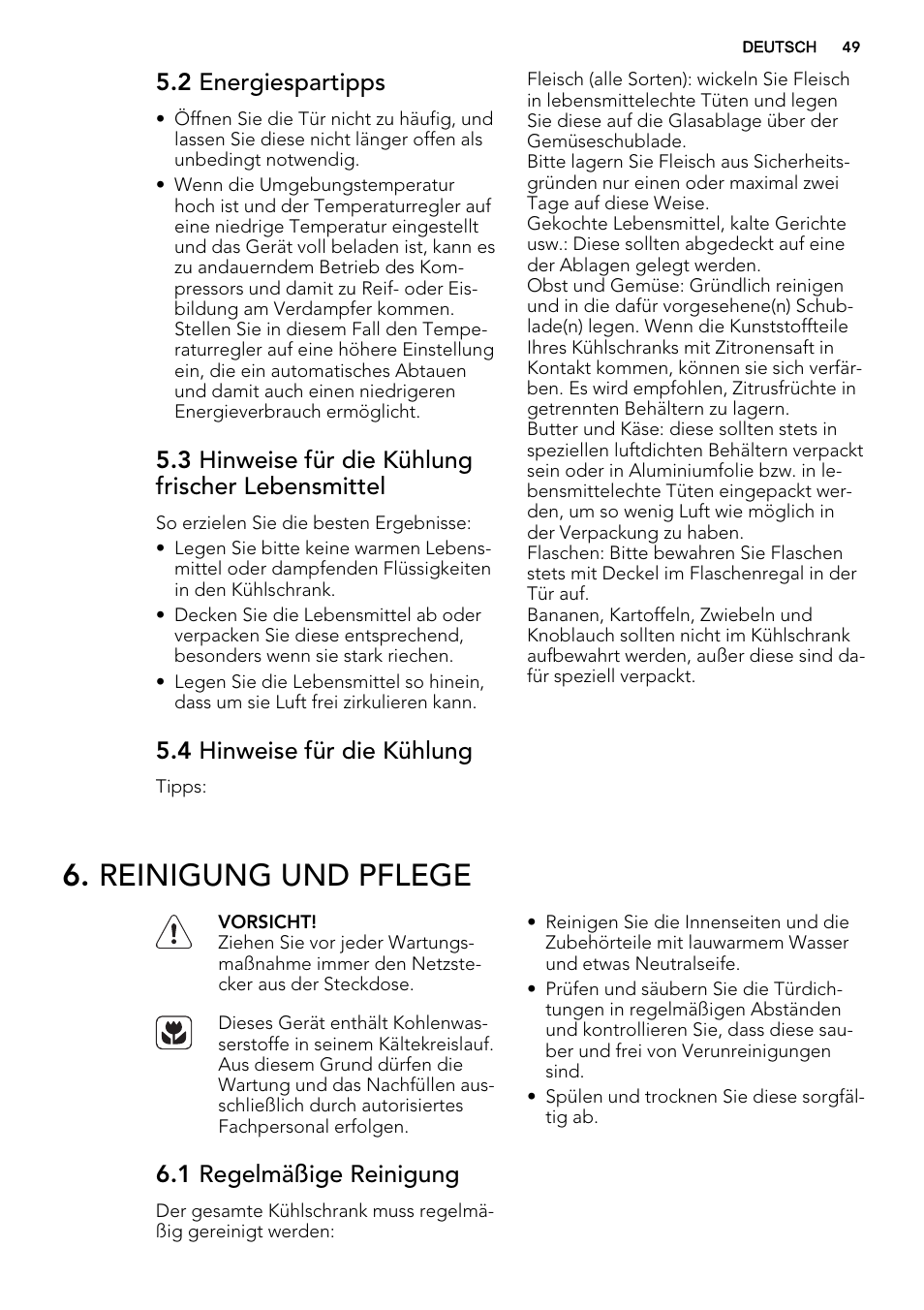Reinigung und pflege, 2 energiespartipps, 3 hinweise für die kühlung frischer lebensmittel | 4 hinweise für die kühlung, 1 regelmäßige reinigung | AEG SKS68800S2 User Manual | Page 49 / 56
