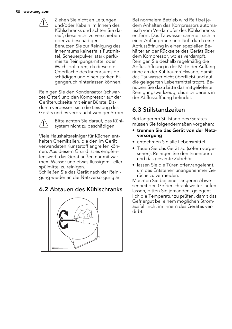 2 abtauen des kühlschranks, 3 stillstandzeiten | AEG SKS68800S2 User Manual | Page 50 / 56