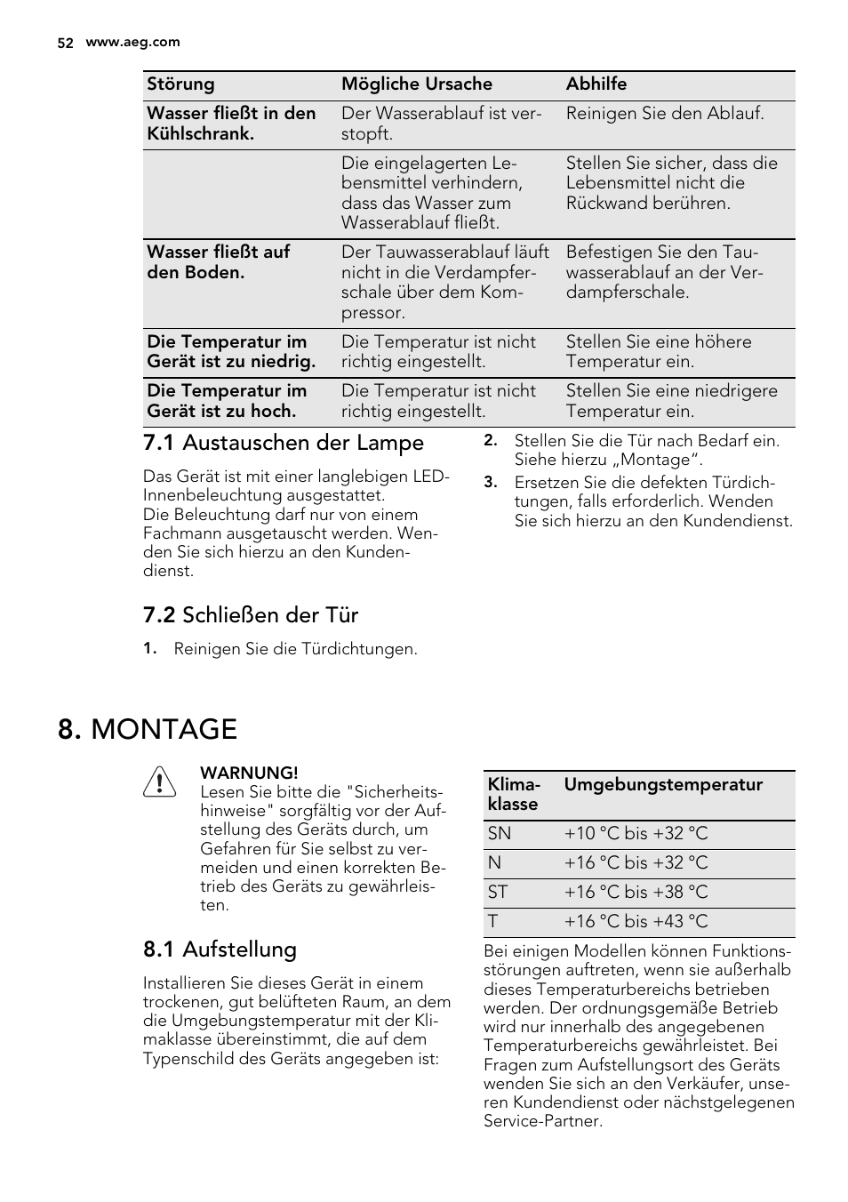 Montage, 1 austauschen der lampe, 2 schließen der tür | 1 aufstellung | AEG SKS68800S2 User Manual | Page 52 / 56