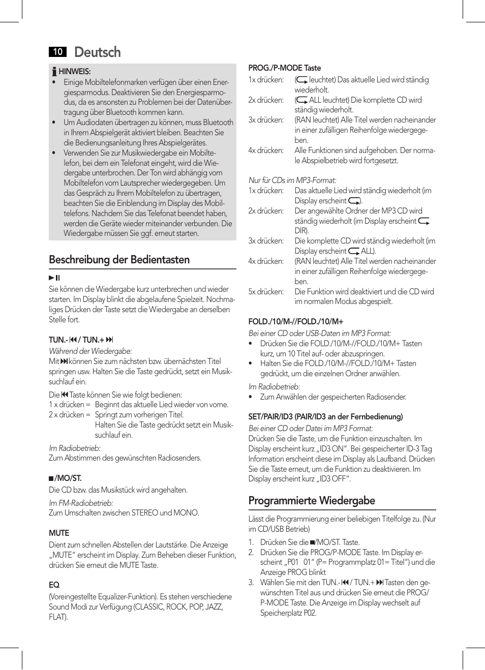 Deutsch, Beschreibung der bedientasten, Programmierte wiedergabe | AEG SRP 4354 BT User Manual | Page 10 / 86