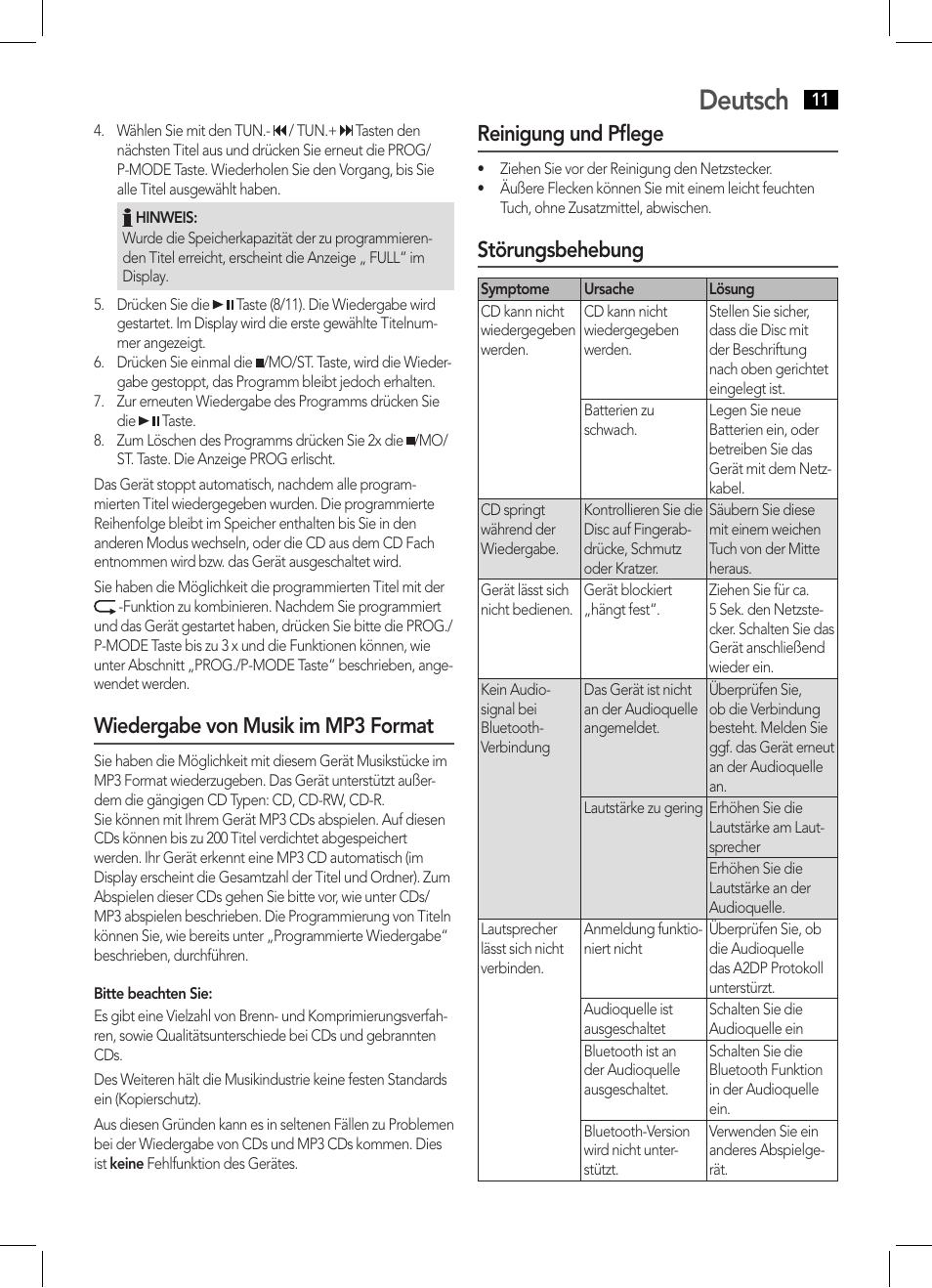 Deutsch, Wiedergabe von musik im mp3 format, Reinigung und pflege | Störungsbehebung | AEG SRP 4354 BT User Manual | Page 11 / 86