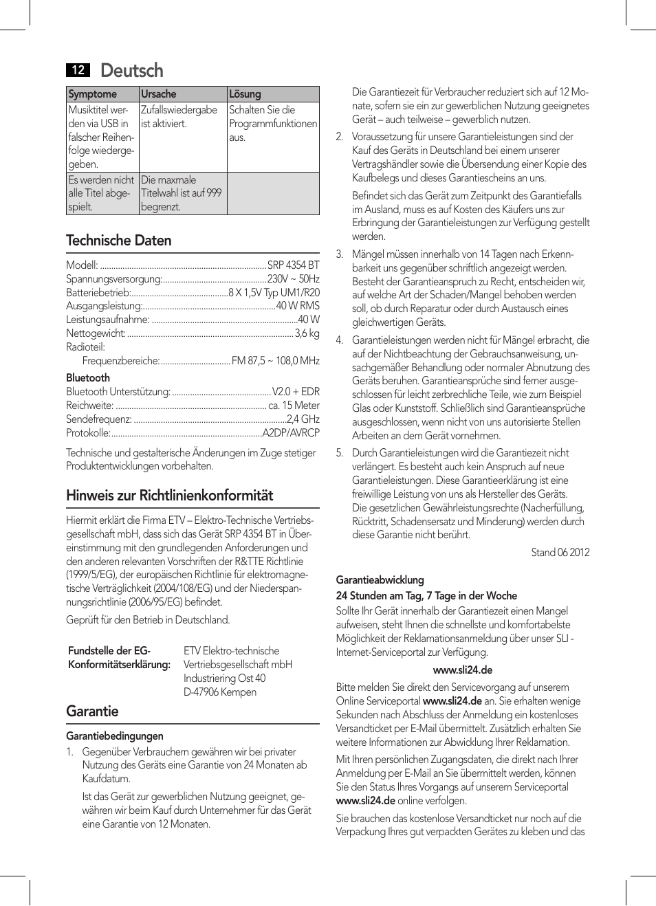 Deutsch, Technische daten, Hinweis zur richtlinienkonformität | Garantie | AEG SRP 4354 BT User Manual | Page 12 / 86