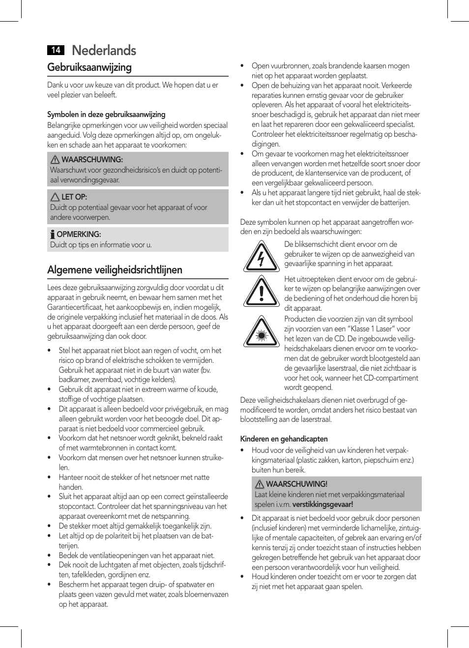 Nederlands, Gebruiksaanwijzing, Algemene veiligheidsrichtlijnen | AEG SRP 4354 BT User Manual | Page 14 / 86