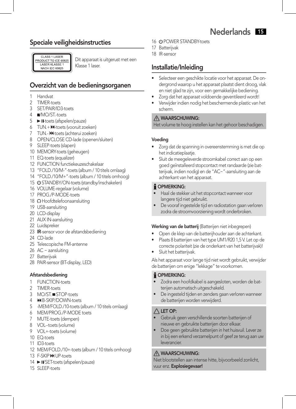 Nederlands, Speciale veiligheidsinstructies, Overzicht van de bedieningsorganen | Installatie/inleiding | AEG SRP 4354 BT User Manual | Page 15 / 86