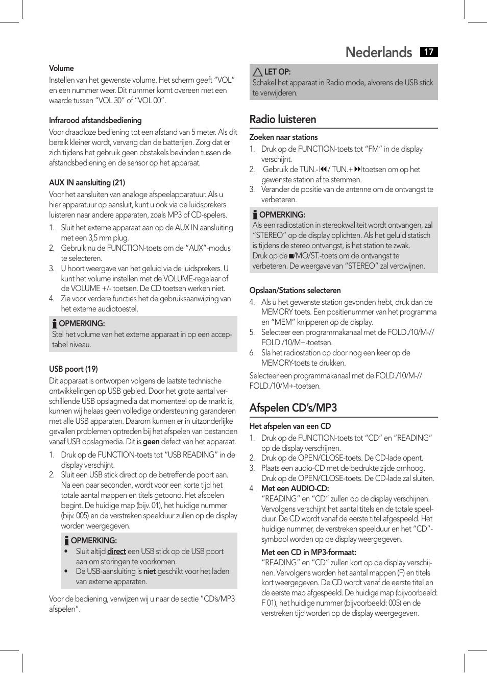 Nederlands, Radio luisteren, Afspelen cd’s/mp3 | AEG SRP 4354 BT User Manual | Page 17 / 86