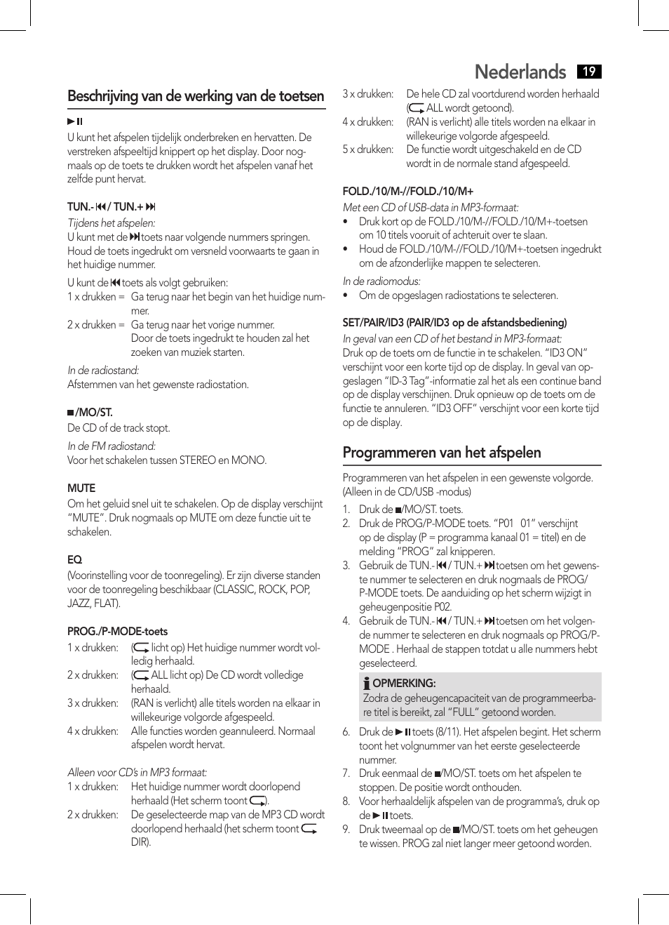 Nederlands, Beschrijving van de werking van de toetsen, Programmeren van het afspelen | AEG SRP 4354 BT User Manual | Page 19 / 86