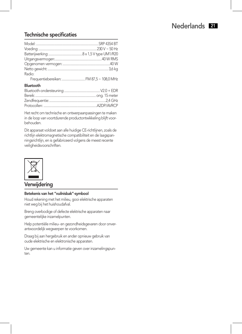 Nederlands | AEG SRP 4354 BT User Manual | Page 21 / 86