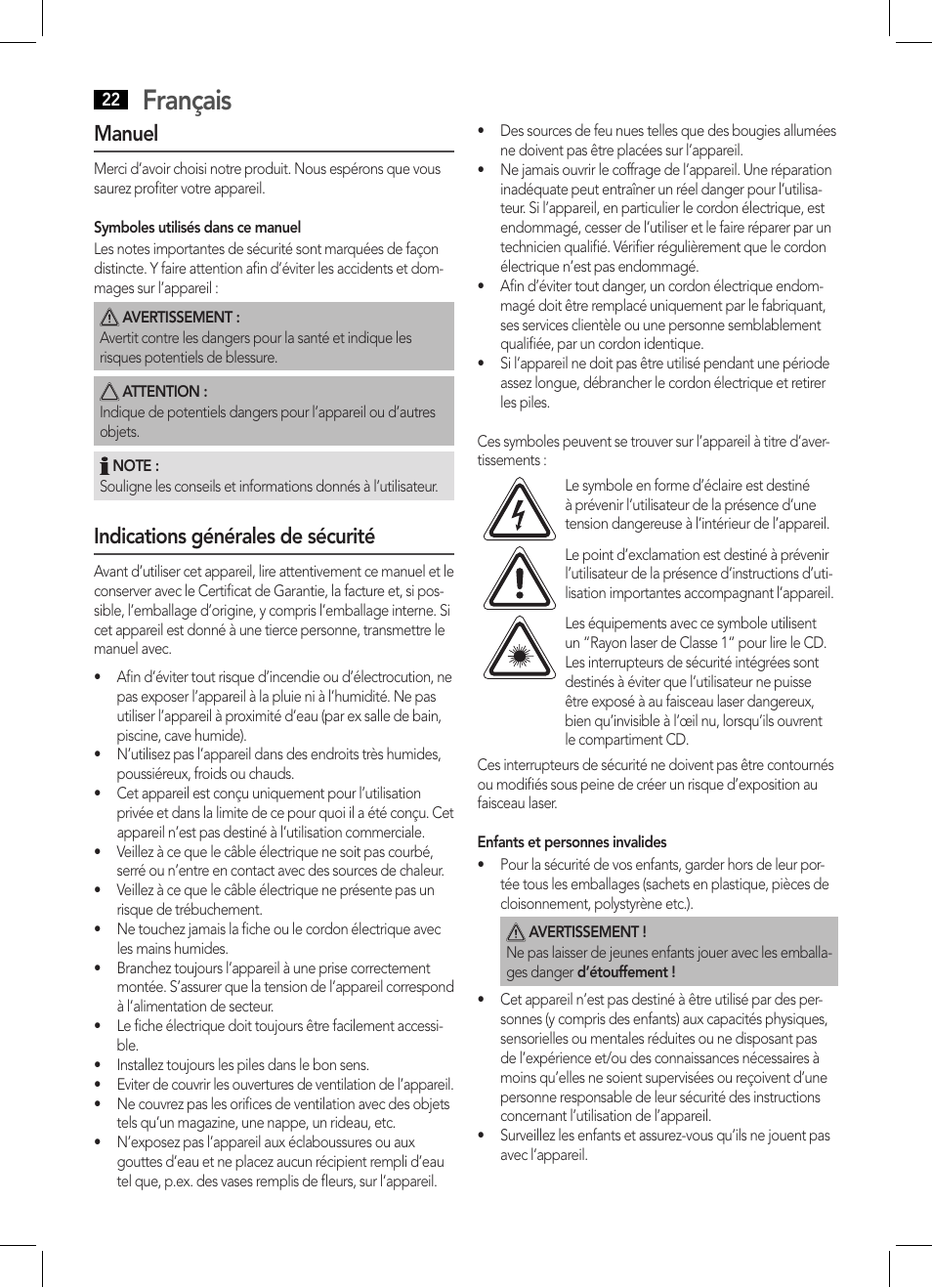 Français, Manuel, Indications générales de sécurité | AEG SRP 4354 BT User Manual | Page 22 / 86