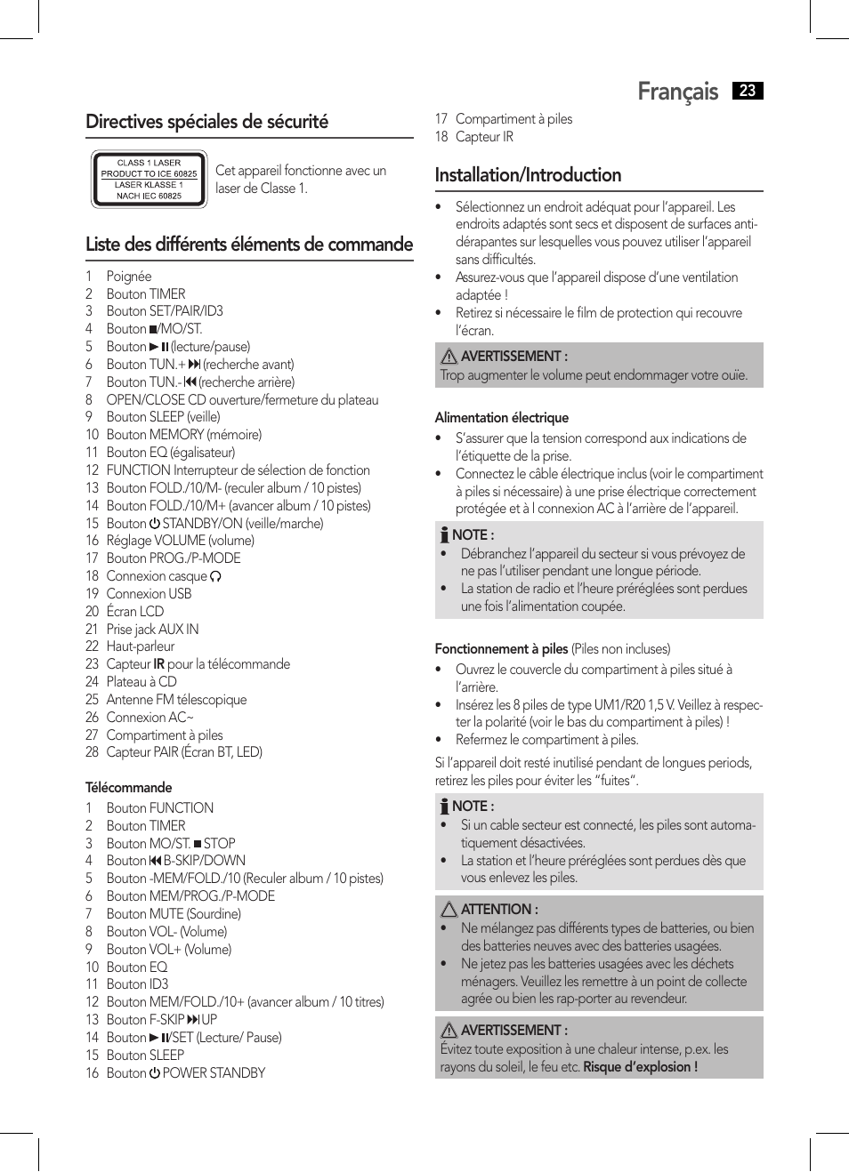 Français, Directives spéciales de sécurité, Liste des différents éléments de commande | Installation/introduction | AEG SRP 4354 BT User Manual | Page 23 / 86