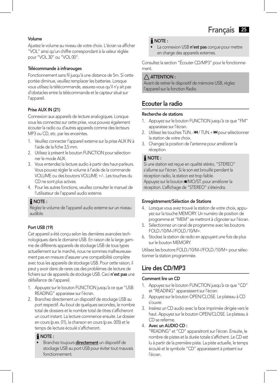 Français, Ecouter la radio, Lire des cd/mp3 | AEG SRP 4354 BT User Manual | Page 25 / 86