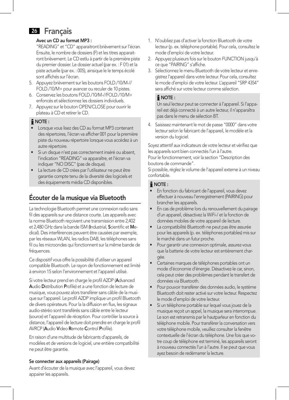 Français, Écouter de la musique via bluetooth | AEG SRP 4354 BT User Manual | Page 26 / 86