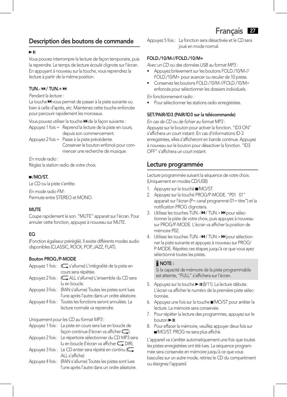 Français, Description des boutons de commande, Lecture programmée | AEG SRP 4354 BT User Manual | Page 27 / 86
