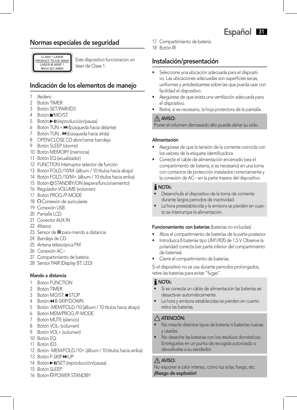 Español, Normas especiales de seguridad, Indicación de los elementos de manejo | Instalación/presentación | AEG SRP 4354 BT User Manual | Page 31 / 86