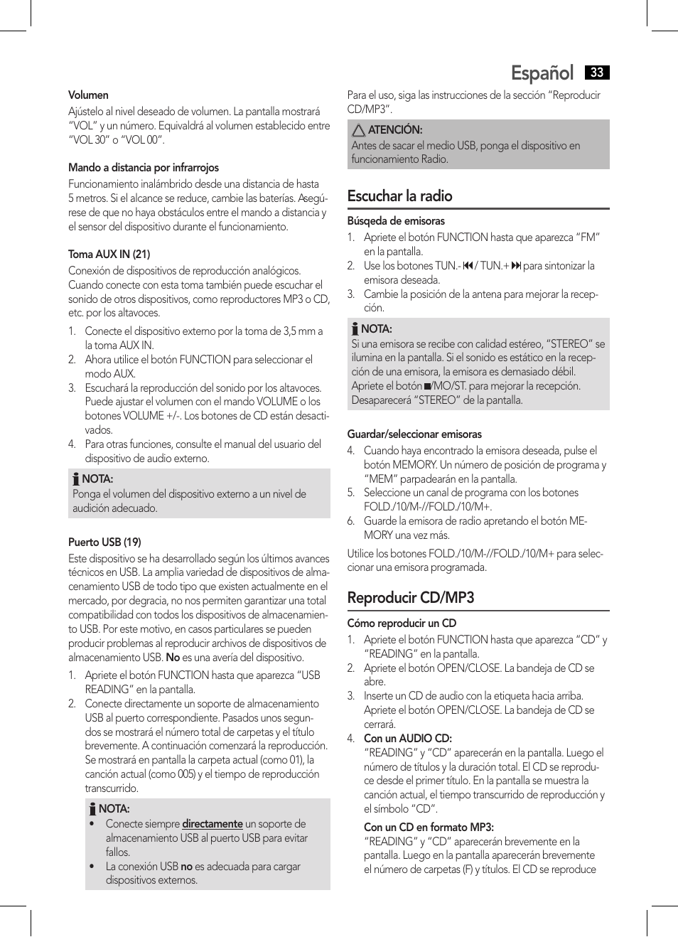 Español, Escuchar la radio, Reproducir cd/mp3 | AEG SRP 4354 BT User Manual | Page 33 / 86