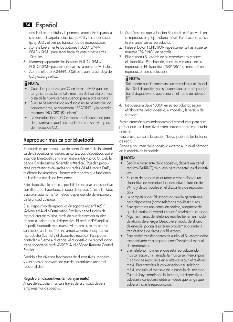 Español, Reproducir música por bluetooth | AEG SRP 4354 BT User Manual | Page 34 / 86