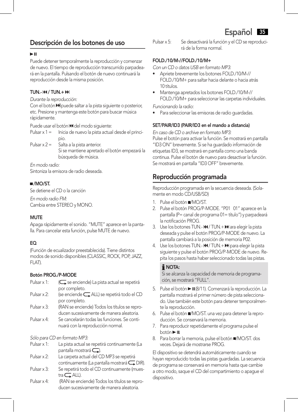 Español, Descripción de los botones de uso, Reproducción programada | AEG SRP 4354 BT User Manual | Page 35 / 86